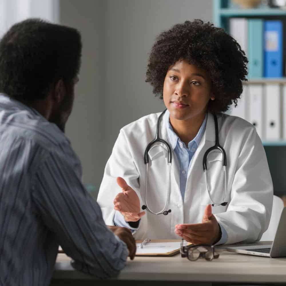 A doctor talking to a woman in a lab coat